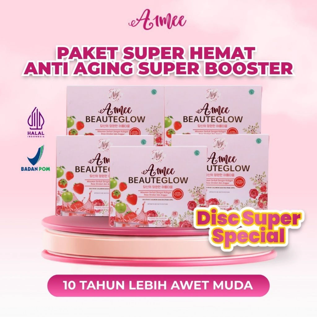 Paket Super Hemat 5 Box Aimee Collagen Drink Anti Aging Booster | Minuman Kecantikan DNA Salmon Apple stemcell Saffron bikin Glowing Awet Muda