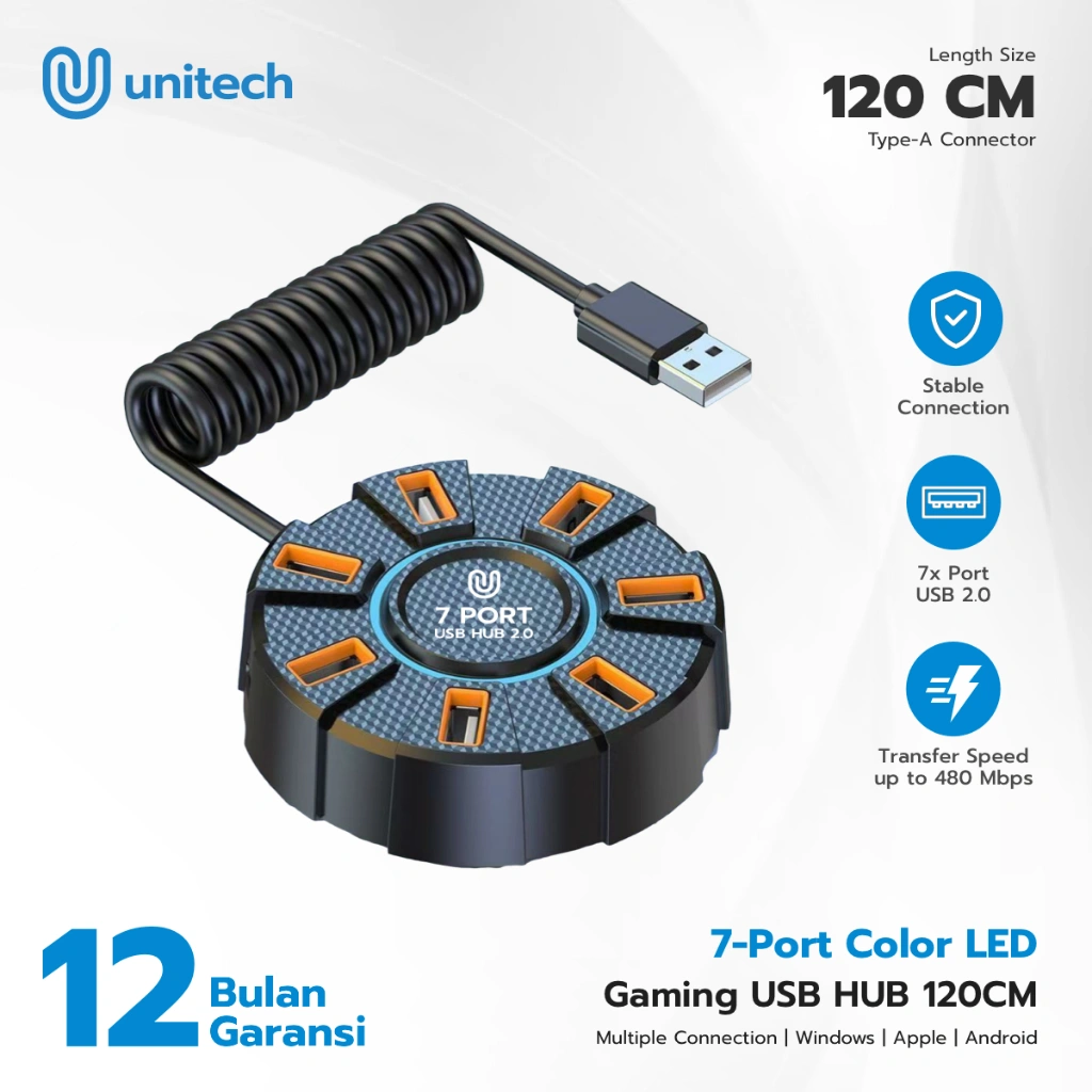 USB Hub 7 Port 2.0 Unitech Converter Docking Station LED Panjang Kabel 120cm untuk PC Laptop