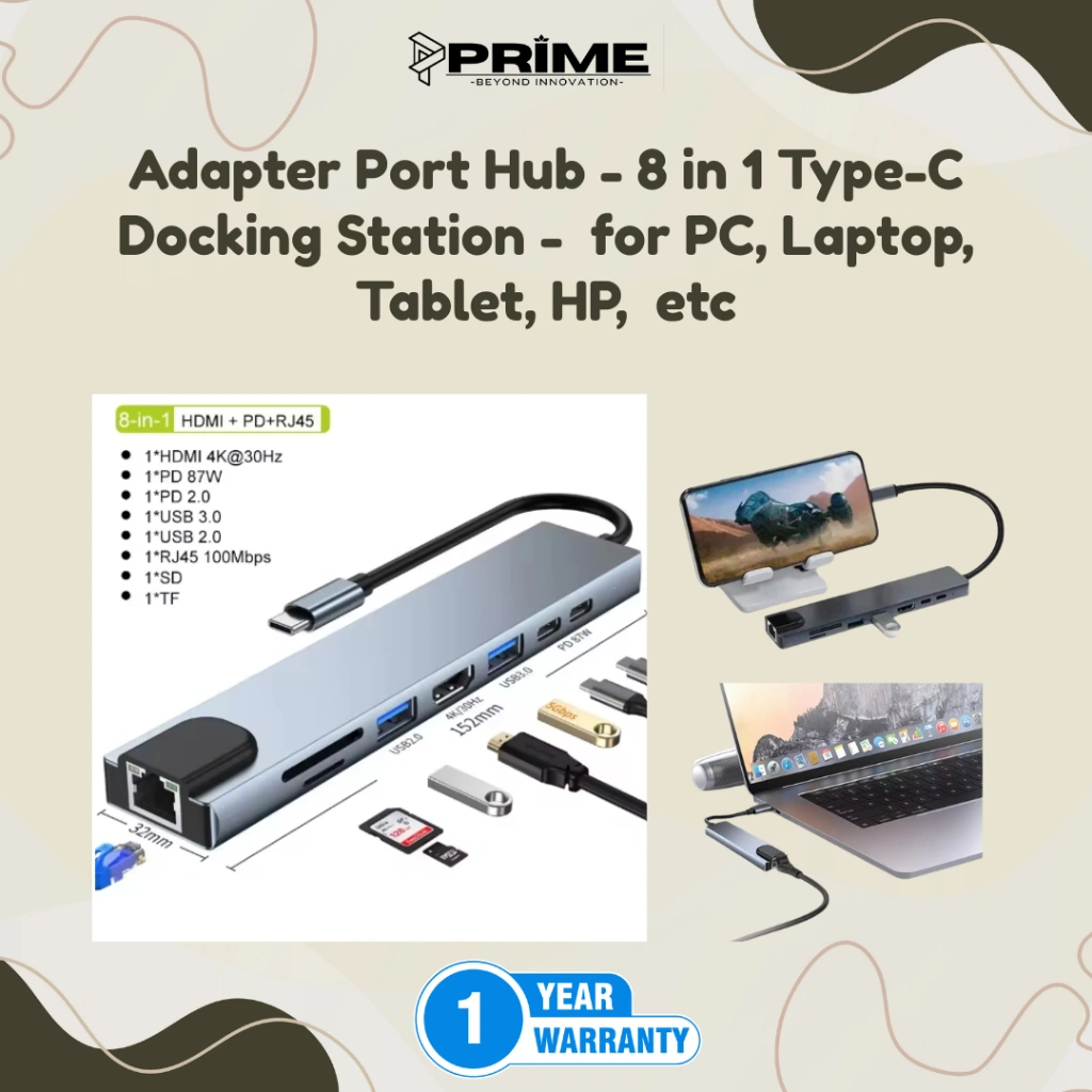 8 in 1 Dock Station USB -C Adapter Extension Port hub Fast Charging 4k hdmi VGA PD Multifungsi