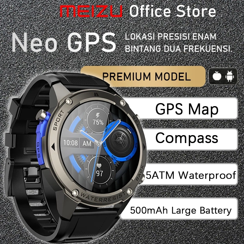 𝗠𝗘𝗜𝗭𝗨 Neo GPS Smartwatch | 1.43 Amoled | 5ATM Waterproof | Compass | Altitude Air Pressure jam olahraga | GPS Map | Pelacakan Real-Time