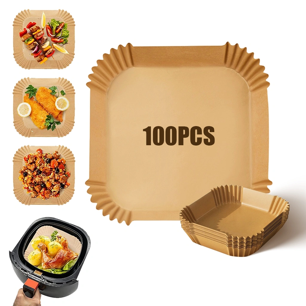 100 pcs kertas penggoreng udara sekali pakai, kertas perkamen penggoreng udara persegi 6,3 inci, bantalan kertas penggoreng udara anti lengket, kertas roti untuk memanggang, memanggang, wajan penggorengan microwave, alat pengukus, penggoreng udara