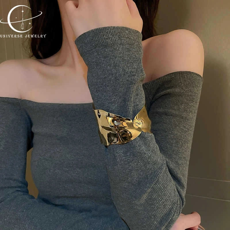 Gelang| Gelang terbuka lipatan logam tidak beraturan| Aksesori tangan temperamen senior yang mewah dan ringan