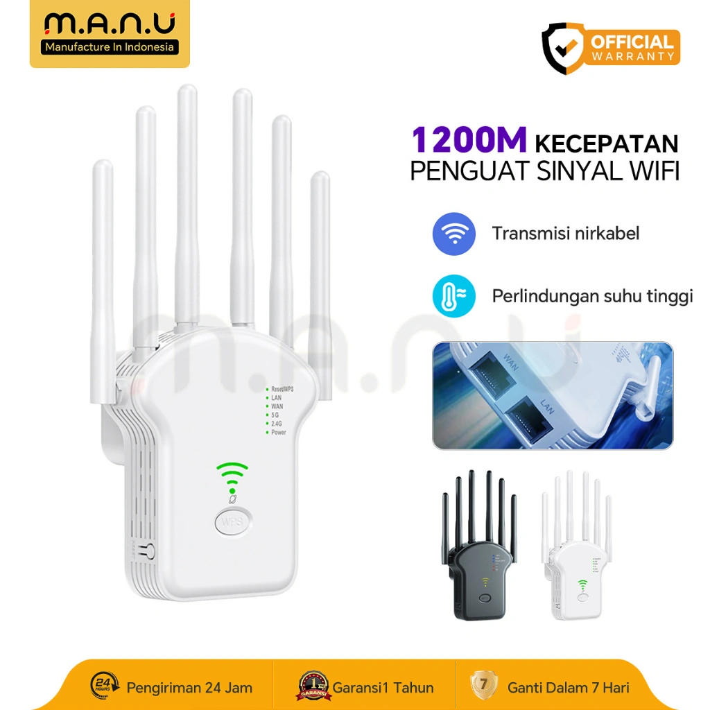 MANU 1200M Wifi Repeater 6 Antena Wireless Wifi Range Extender Penguat Sinyal Nirkabel Penguat Sinyal Repeater Dalam Ruanga Stabil Melalui Dinding Pasang dan Mainkan Cocok untuk Rumah/Kantor, Garansi Resmi