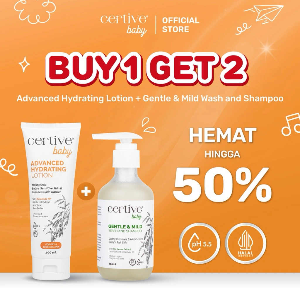 [B1G2] Certive Advanced Hydrating Lotion 200 ml + Gentle & Mild Wash and Shampoo 300 ml - Paket Perawatan Aman Untuk Kulit Sensitif Anak & Bayi Newborn
