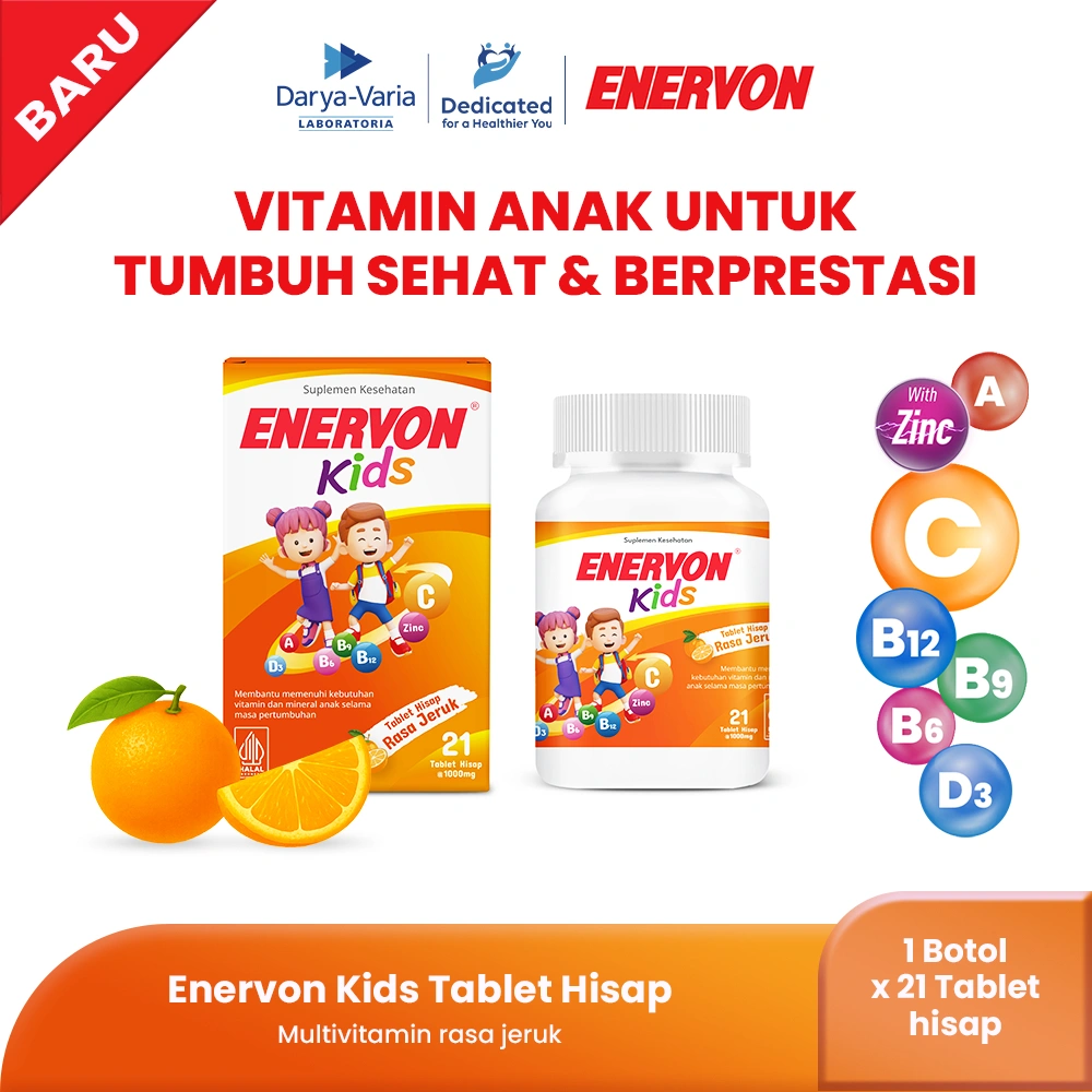 [BARU] Enervon Kids Tablet Hisap rasa jeruk (1 botol  x 21 Tablet) - Multivitamin Anak-Vitamin C, A, B Complex, D3 plus  Zinc - Membantu Memeliharan Vitamin dan Mineral Anak dimasa Pertumbuhan
