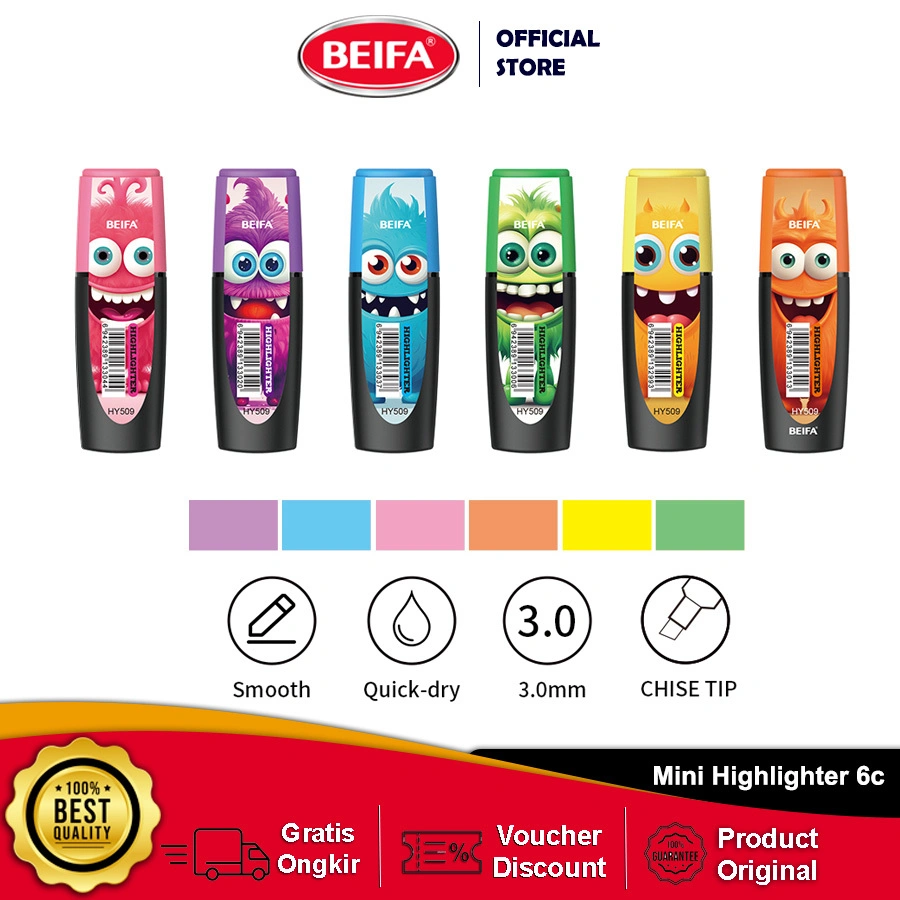 Beifa Highlighter HY509 – Mini Set 7 pcs Warna Cerah, Motif Imut & Praktis