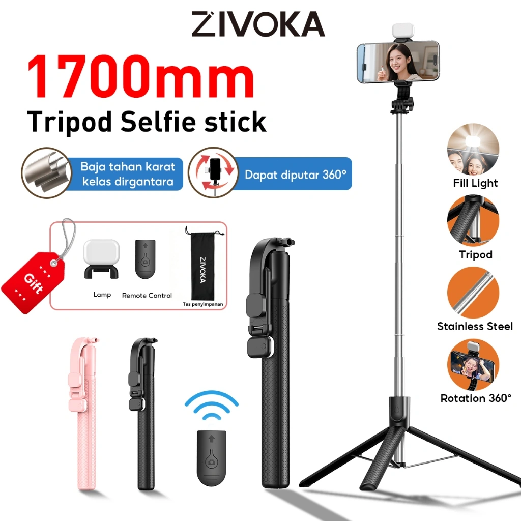 (Gratis 100%Asli Lampu Pengisi) ZIVOKA (1700MM) ZT01 Tripod Bluetooth Remote Tripod Tongkat Selfie Stick 170cm Tongsis HP Remote Bluetooth Lampu