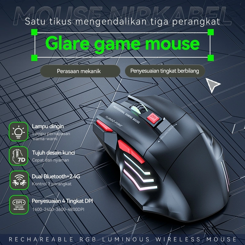 [HOT]BASIKE Mouse Wireless Bluetooth Gaming 4800 DPI Rechargeable untuk PC Laptop Tablet silent