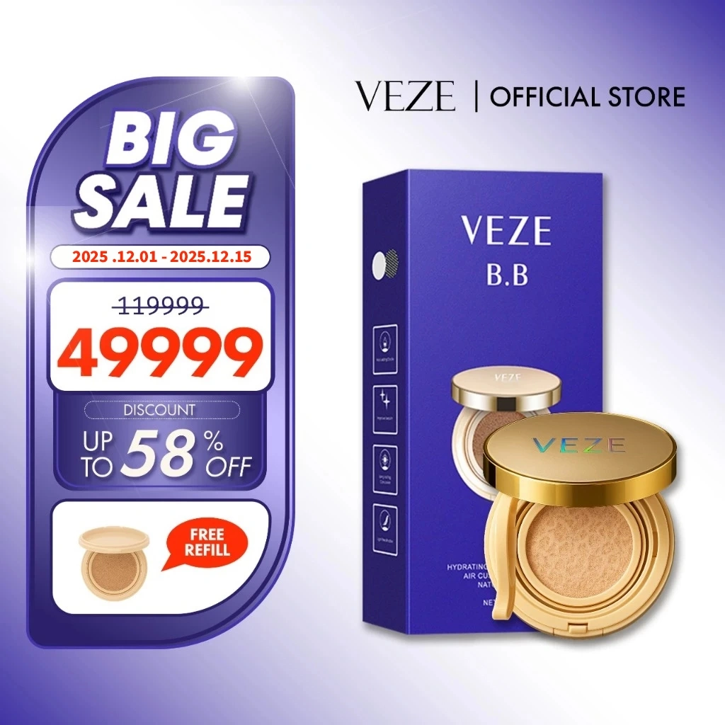 [BPOM] - VEZE BB CUSHION GOLD FREE REFIL EXQUISITE & DELICATE GLOWING WATERPROOF 24 HOUR | BEDAK WAJAH BB CUSHION FOUNDATION 15g + 15g