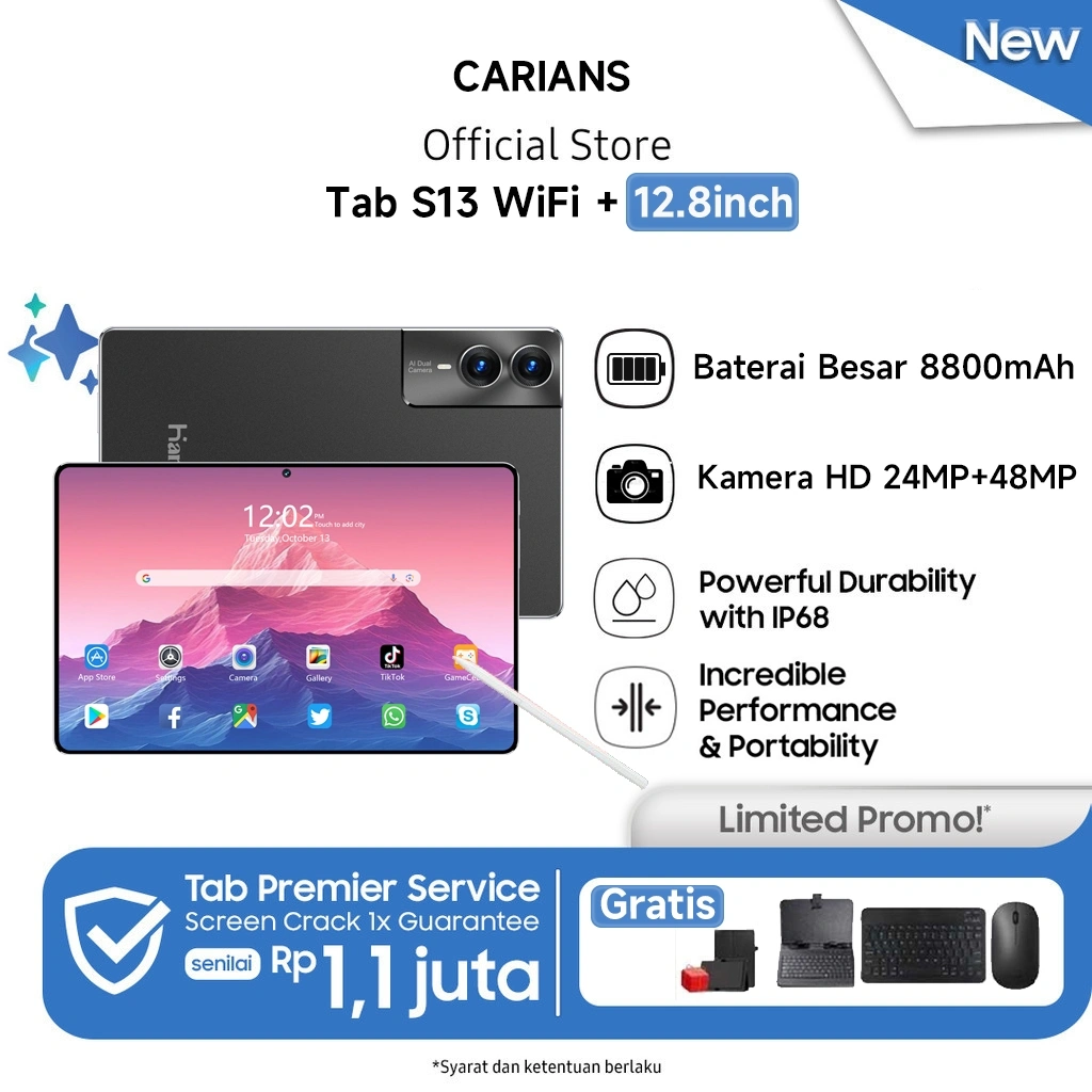 【Gratis Mouse Keyboard 】Carians Tablet S13 (16GB + 1024GB) | IPS 12.8" | Tablet Murah untuk Belajar,Gaming, Kerja & Hiburan | 5G Dual SIM, WiFi Tablet Anak Android, Kamera 48MP | Kapasitas baterai besar 8800 mAh [Carians Official Store]​
