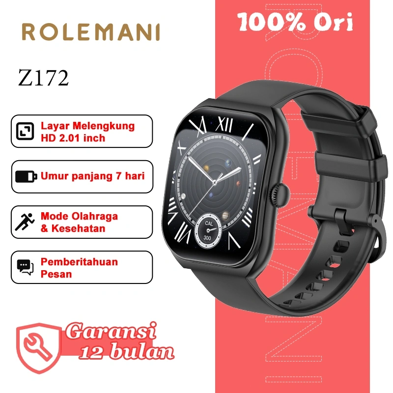 ROLEMANI Smartwatch Z172 Curved Large Screen 2.01'' - Bluetooth Calls - Baterai hingga 7 hari  - Health & Sleep Monitoring - 123 Sport Mode - Voice assistant - Wallpaper Kustom - Jam Tangan Pria Wanita
