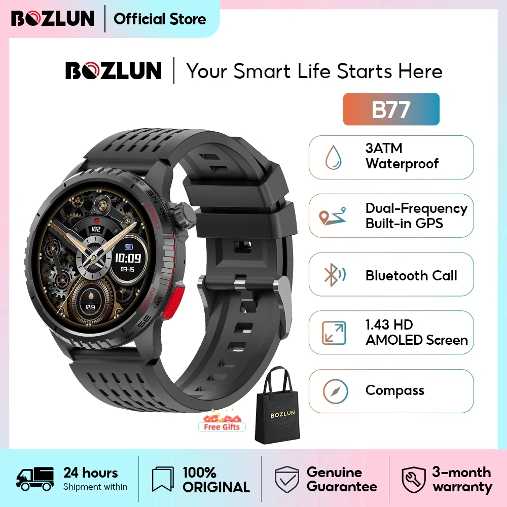 [6-Month Warranty]BOZLUN B77 Smart watch Built-in GPS /compass Barometer /3 ATM Bukti Air/1.43 AMOLED Layar/Bluetooth Phone Call