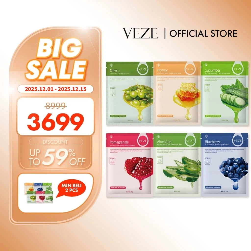 [BPOM] -  VEZE Sheet Mask Korea Masker Wajah Blueberry Aloe Vera Pomegranate Honey Cucumber Olive Treatment Wajah 30g