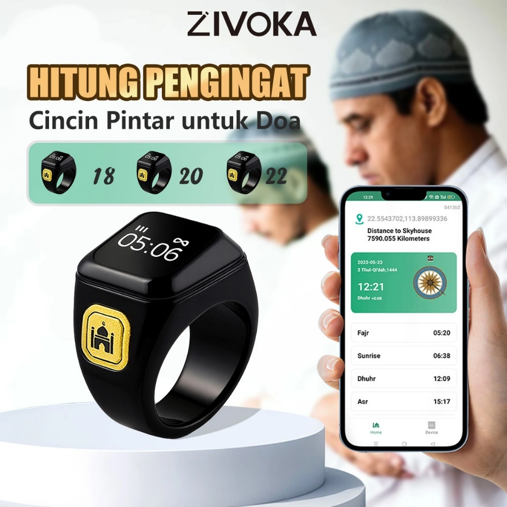 ZIVOKA ZR02 Cincin Smart Doa Alat Hitung Zikir Takbir Otomatis Anti Air Tahan Lama Untuk Semua Usia