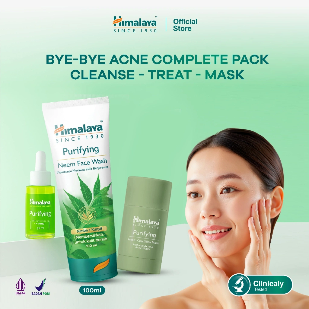 BYE BYE ACNE KIT ( Bundling isi 3 ) - Himalaya Purifying Neem Clay Stick Mask 30gr + Purifying Neem Face Wash 100ml + Purifying Neem Serum 15ml | Paket Atasi Kulit Berminyak dan Berjerawat
