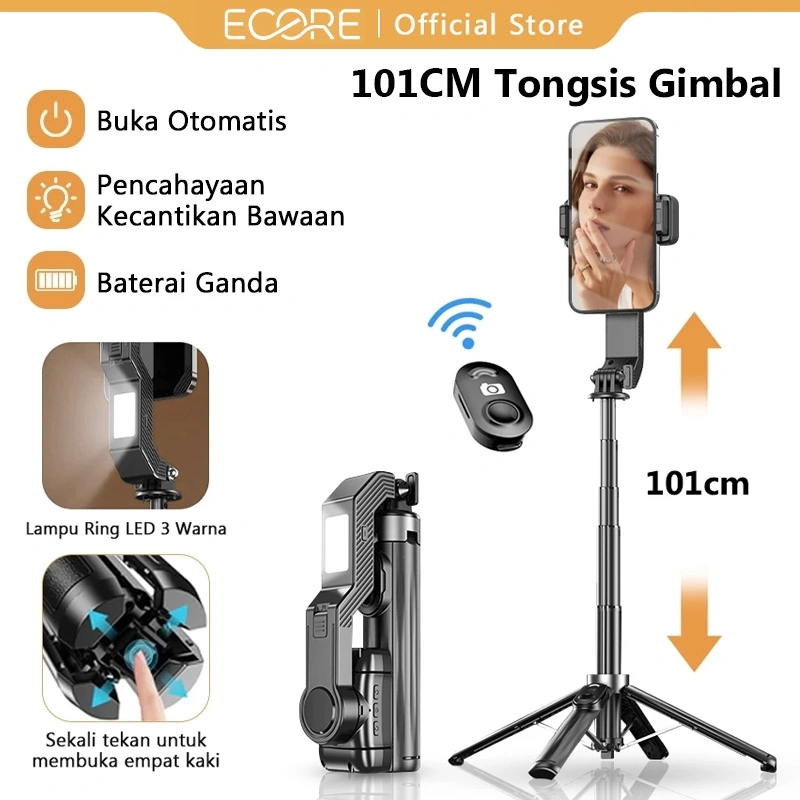 ECORE Q31 Handheld Gimbal Stabilizer 3 in 1 Tongsis Gimbal Portable LED Fill Light Hp Handphone Auto Balance Selfie Stick Live Streaming & Vlogging