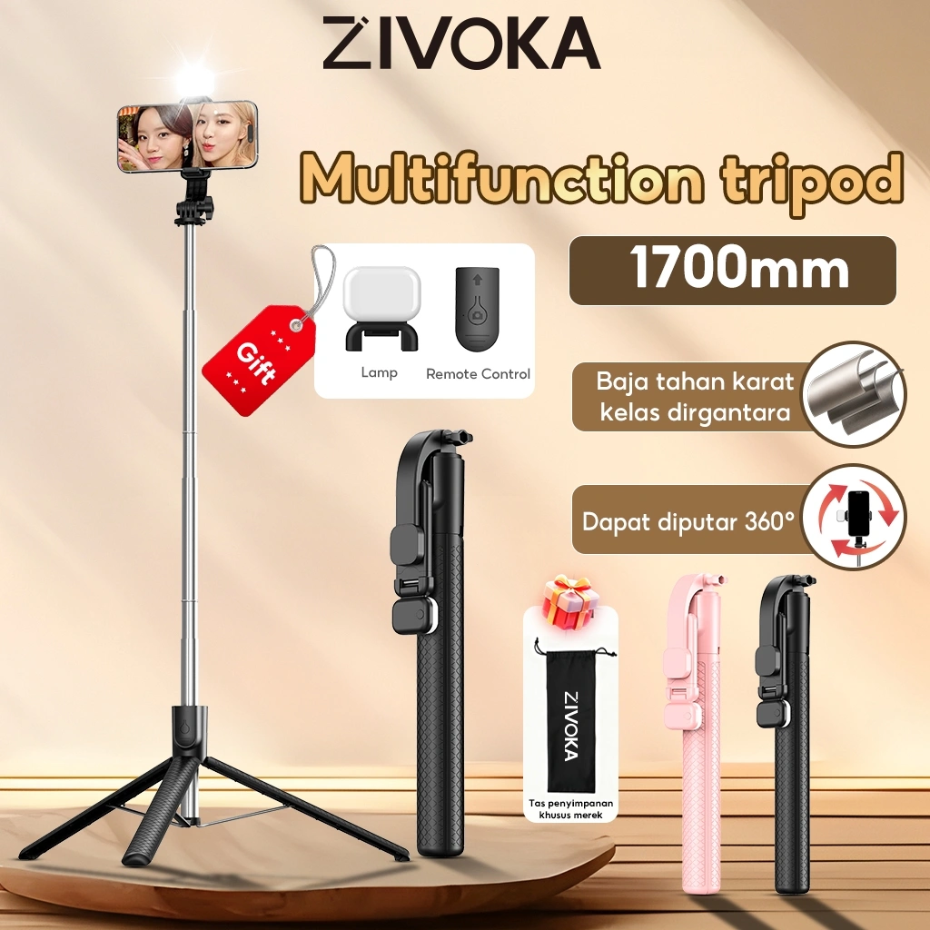 (Gratis  100%Asli Lampu Pengisi) ZIVOKA Tripod 170cm Selfie Stick LED Light Remote Bluetooth 170cm Multifungsi Tongkat Selfie Stainless Steel ZT01