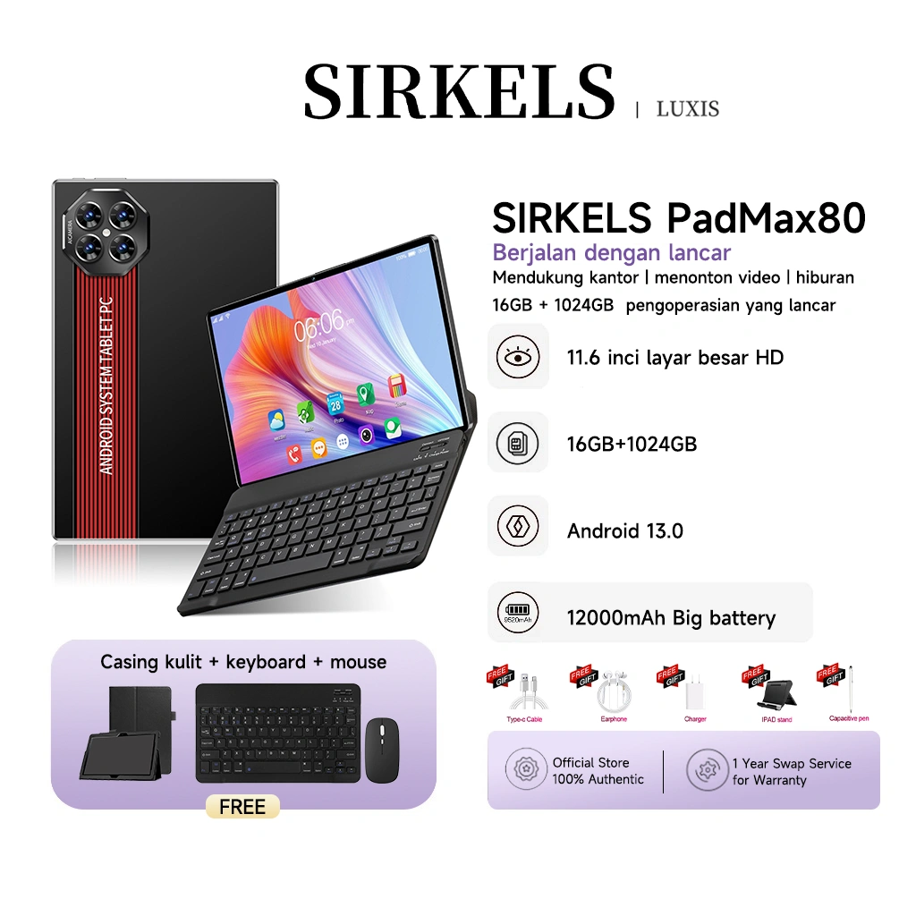 SIRKELS Tablet Max80 | RAM 16GB + 1024GB ROM | 12000mAh | Tablet + Mouse + Keyboard | 5G Dual SIM Wifi | Layar besar 11.6 inci [Sirkels Official Store]