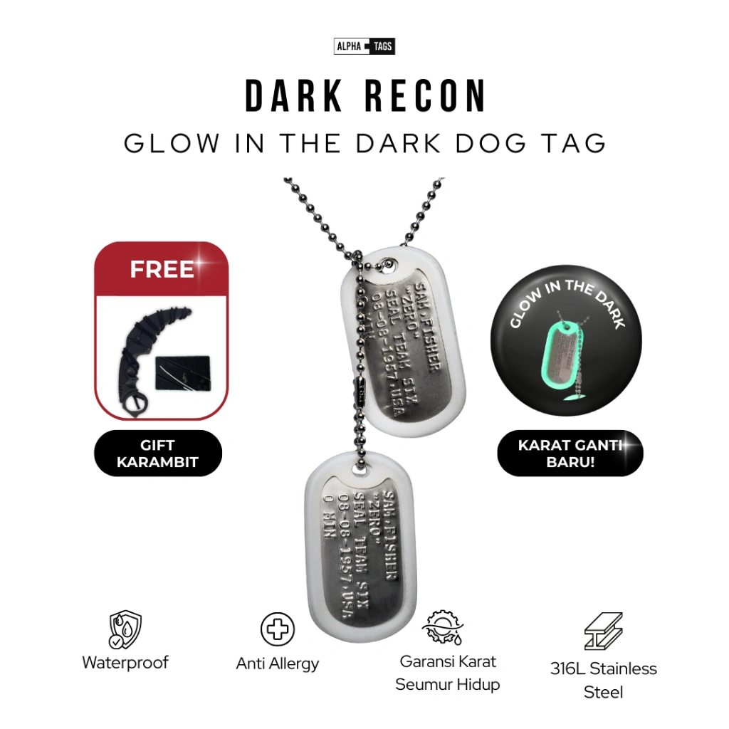 ALPHA TAGS - Dog Tag Custom | Kalung Tentara | Glow In The Dark | DARK RECON FREE KARAMBIT