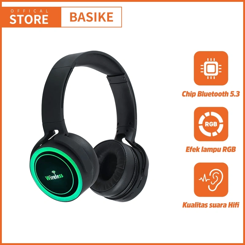 [HOT]BASIKE Headset Bluetooth Kabel Gaming Super Full Bass 100%ori RGB headphone bluetooth FM/AUX/TF