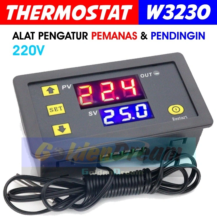 Thermostat Digital W3230 – Alat Pengatur Suhu Panas Dingin + Sensor NTC Waterproof – Termostat untuk Inkubator, Akuarium, Pendingin, Pemanas