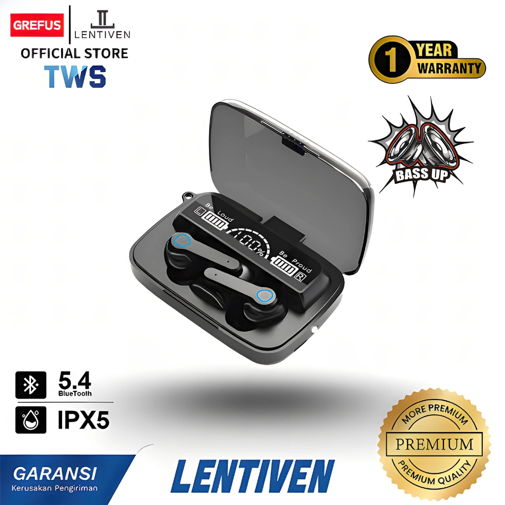 GREFUS LENTIVEN Earphone Headset Bluetooth TWS Wireless M19 Full Bass with Microphone Sports Waterproof