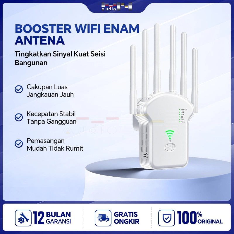 1200M Penguat WiFi Booster 6 Antena Extender WiFi Jangkauan Luas Sinyal Tembus Dinding, Stabil, Low Latency Dual Band Repeater WiFi untuk Rumah