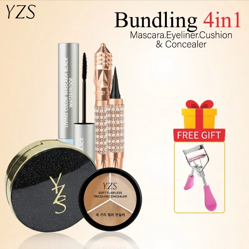 YZS Set Makeup 4in1 Lengkap - Cushion, Concealer, Mascara & Eyeliner + Free Gift Eyelash Curler