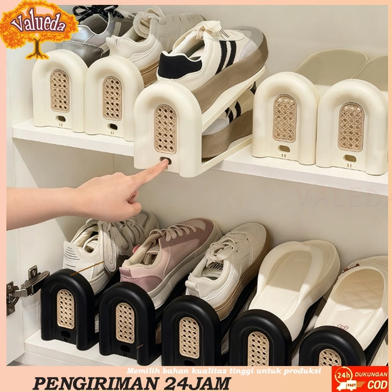 VALUEDA Rak Sepatu 2 Lapis Bisa Disetel Hemat Tempat Organizer Plastik Awet Mudah Dicuci Untuk Lemari Penyimpanan