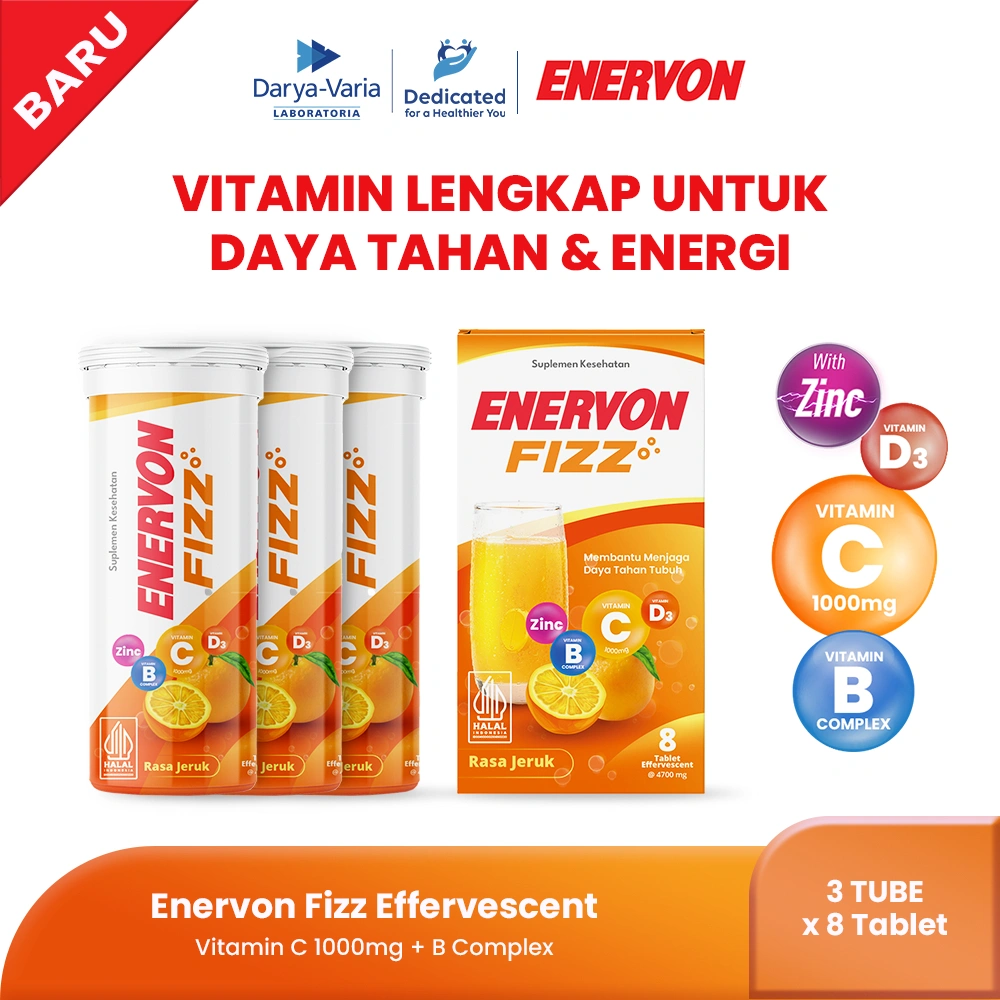 [BARU] Enervon Fizz Paket Tablet Effervescent (3 & 4 Tube x 8 Tablet) -  Suplemen Kesehatan dengan Vitamin C dan B Complex, D3 plus Zinc - Vitamin Lengkap Untuk Daya Tahan & Energi
