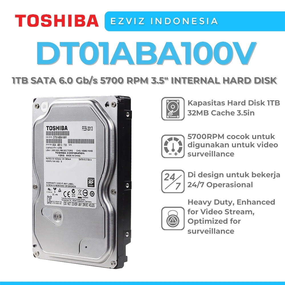 TOSHIBA DT01ABA100V 1TB SATA 6.0 GB/S 5700 RPM 3.5" INTERNAL HARD DISK