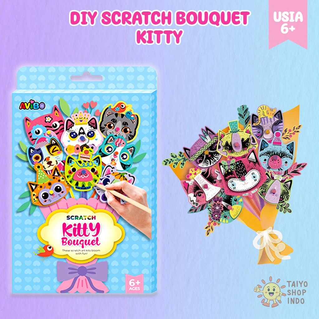 TAIYO Mainan Anak DIY Scratch Bouquet Flower Kitty Art Buket Bunga Kucing Seni Gosok Edukasi Kerajinan