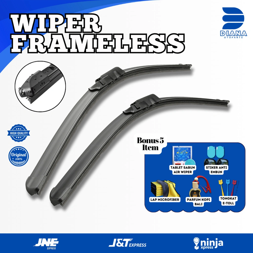 Wiper Mobil Frameless 1 Set Kiri dan Kanan - Wiper Blade Sepasang Universal Model Banana Cocok untuk Semua Tipe Mobil Bonus 5 Item