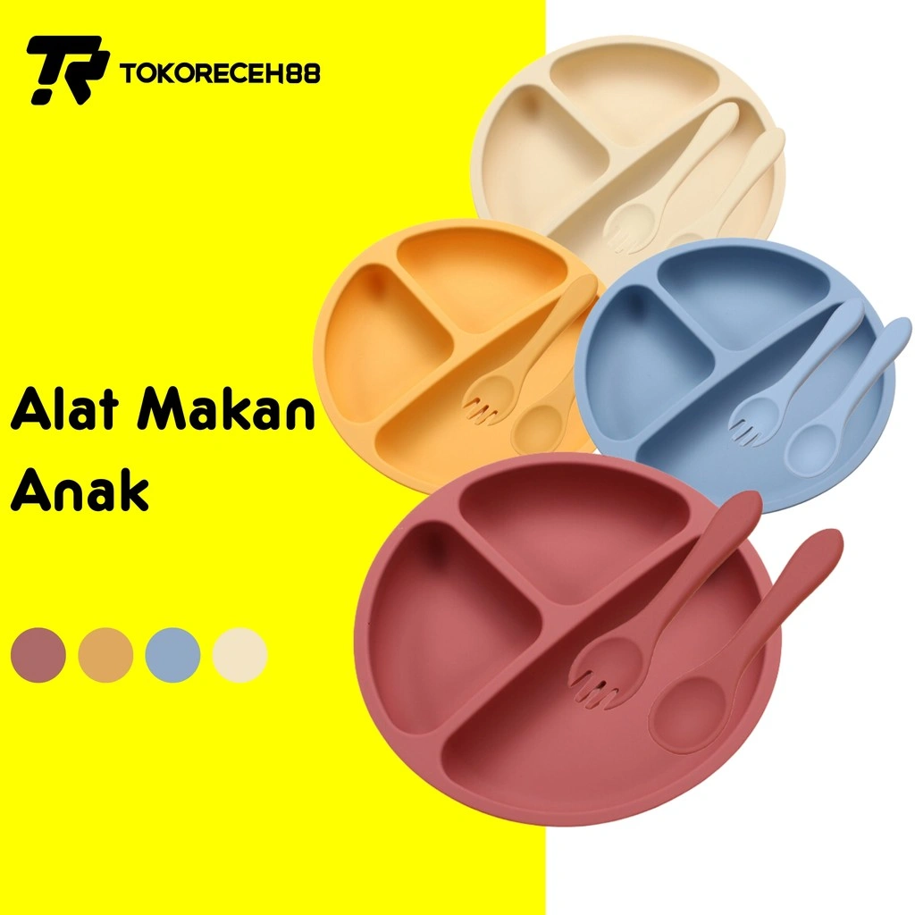 Tokoreceh88 Piring Sekat Makan Anak Bayi Anti Slip Silikon Baby Plate Silicone Lunch Sendok Garpu Silikon