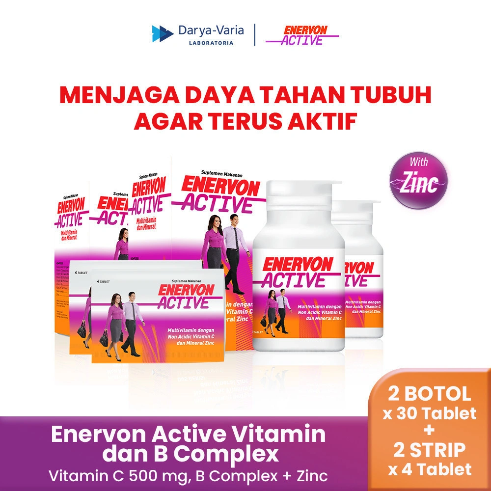 Enervon Active Vitamin C dan B Complex (2 Botol x 30 Tablet + 2 Strip x 4 Tablet) - Suplemen Multivitamin & Mineral untuk Produktivitas dan Daya Tahan Tubuh