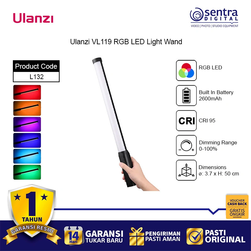 Ulanzi VL119 RGB Light Wand Stick L132 - Tongkat Lampu LED Video Profesional 10W Kamera Vlogging Foto TikTok Studio Portable