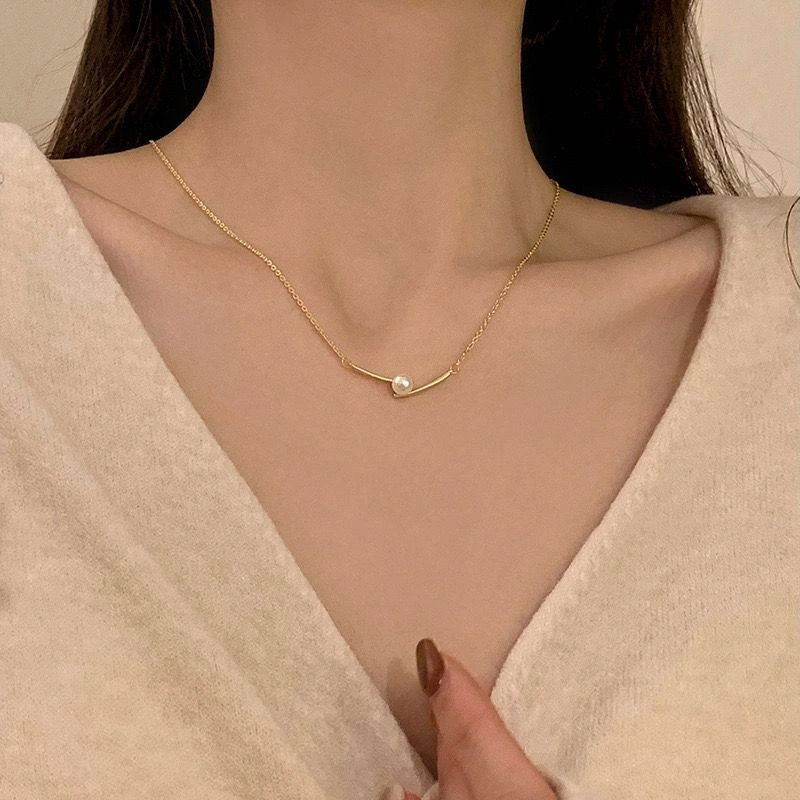 JOY K19 - Kalung Titanium Wanita Mutiara Minimalis - Kotak Hadiah Perhiasan Cincin Kalung Anting