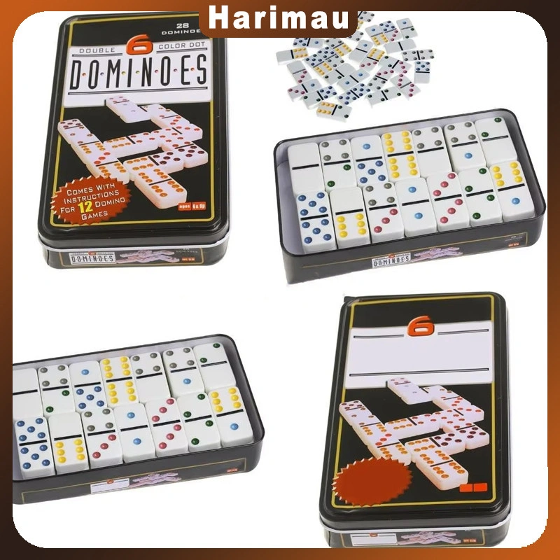 Batu Domino Tebal-Permainan Papan Double Six/28 Buah Ubin Domino Putih/Dengan Titik-titik Warna Kotak Timah