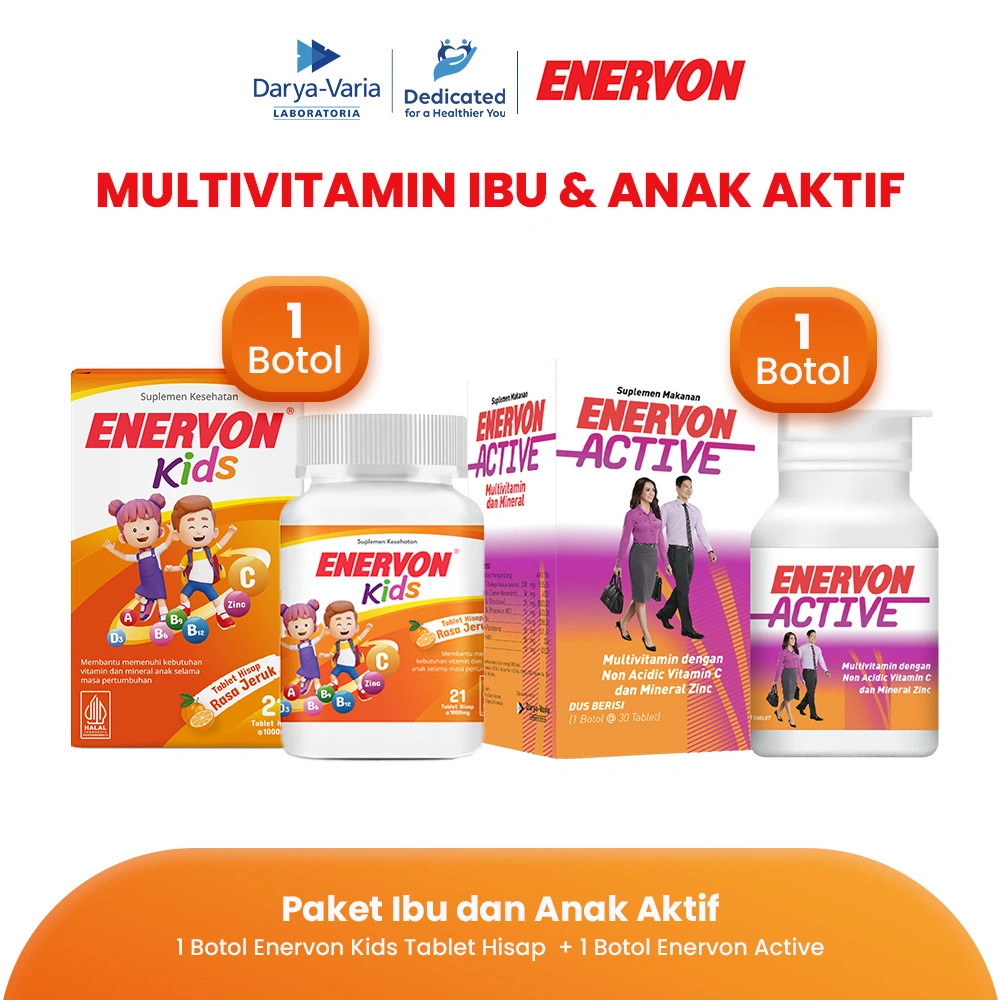 [BARU] Enervon Kids Tablet Hisap + Enervon Active -  Multivitamin Suplemen Kesehatan-Vitamin C, A, B Complex, D3 plus  Zinc - Membantu Memeliharan Vitamin dan Mineral Anak dimasa Pertumbuhan