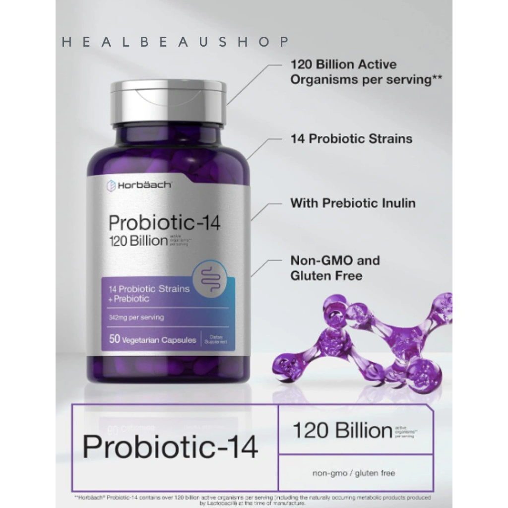 Horbaach Probiotic Prebiotic 120 Billions 14Strain 342mg 50vcaps Ori US