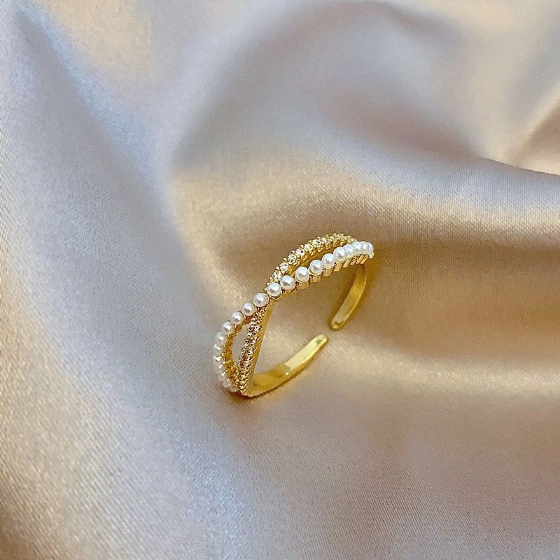 JOY C02 Cincin Wanita Titanium Gold Mutiara Crystal Stainless Steel Stylish Adjustable Ring