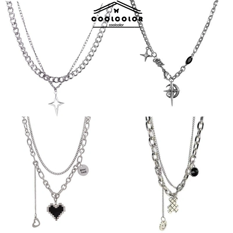 COD Kalung Titanium Wanita/Pria Double Layer /Kalung Bintang /Kalung Silang/Kalung Pria Punk Rantai Anti Karat Tulang Selangka Kelas Atas-Cl