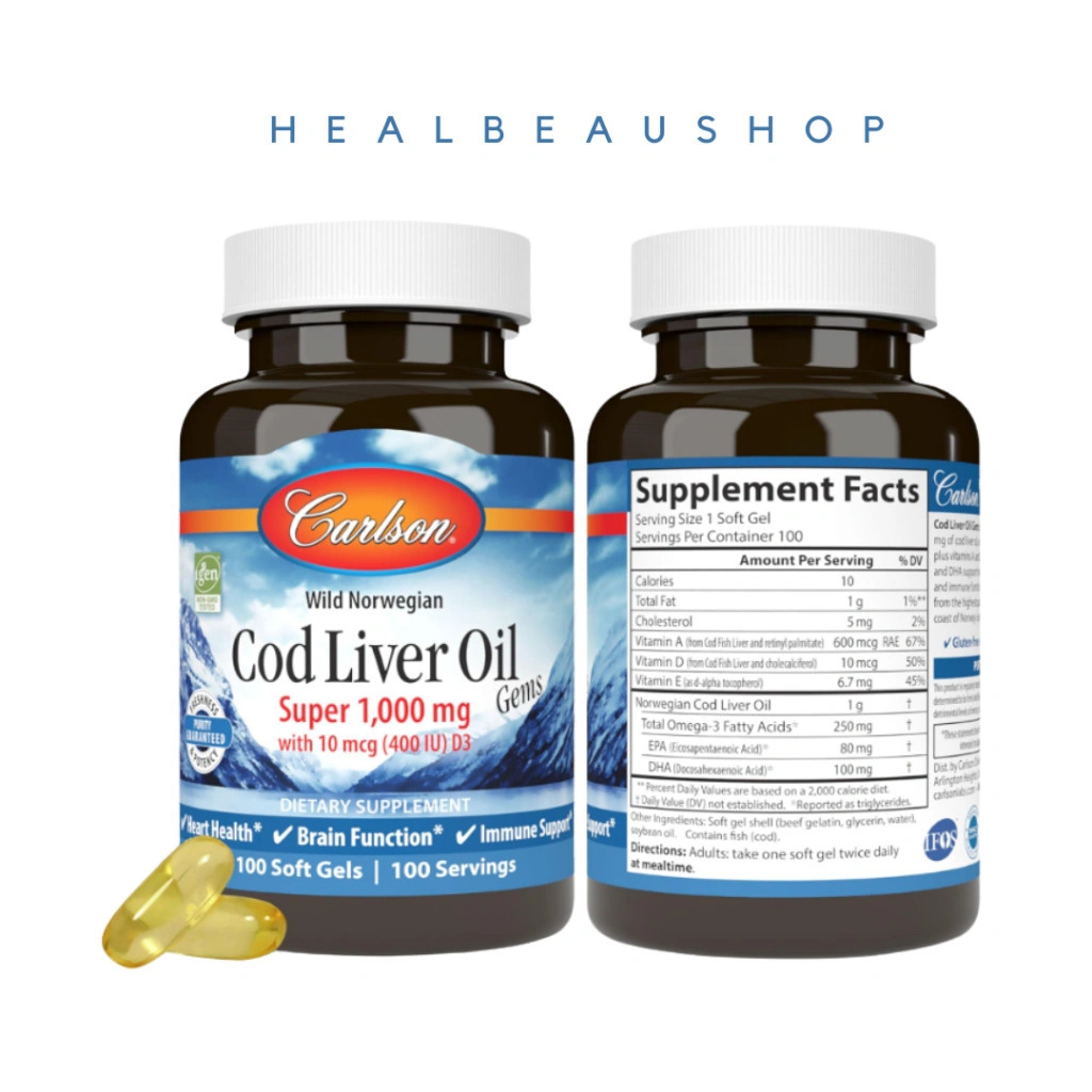 Carlson Wild Norwegian Cod Liver Oil 1000mg Omega 3, EPA, DHA, Vitamin A, D, E (250 softgels)