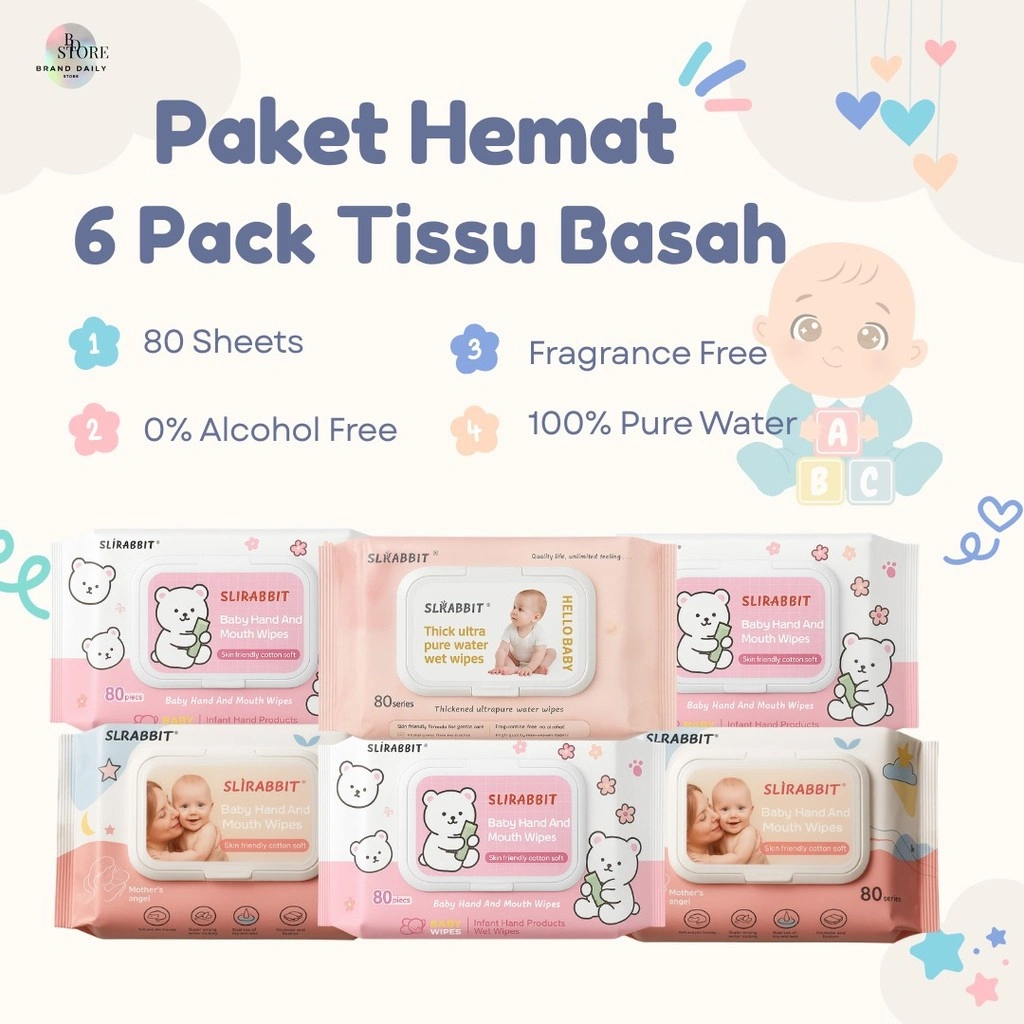 Paket Hemat 6 Pak Tisu Basah Bayi 80 Sheets Tisu Bayi Lembut Skin Friendly Cotton Soft Murah