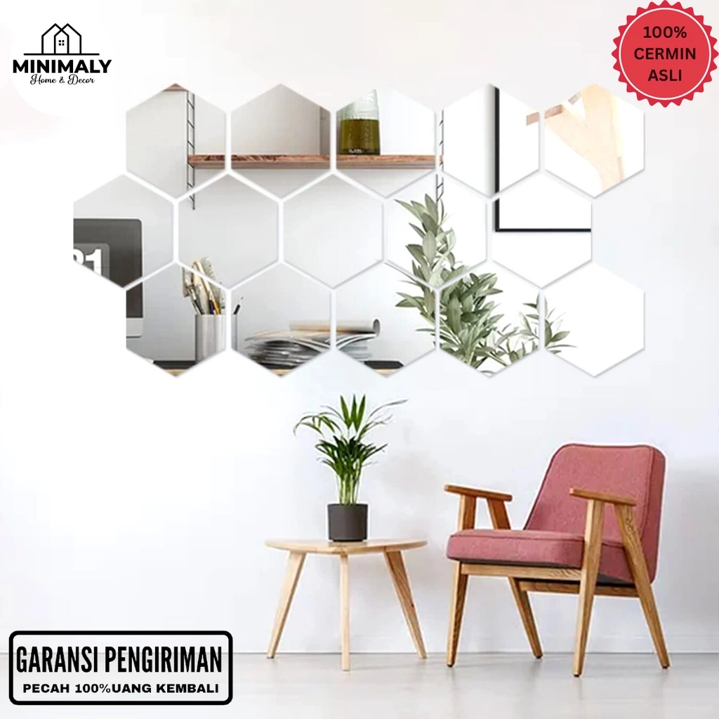 MINIMALY Cermin Hexagonal Kaca Hexagonal (kaca Asli UKURAN13 X 11 CM) Hiasan Dinding cermin