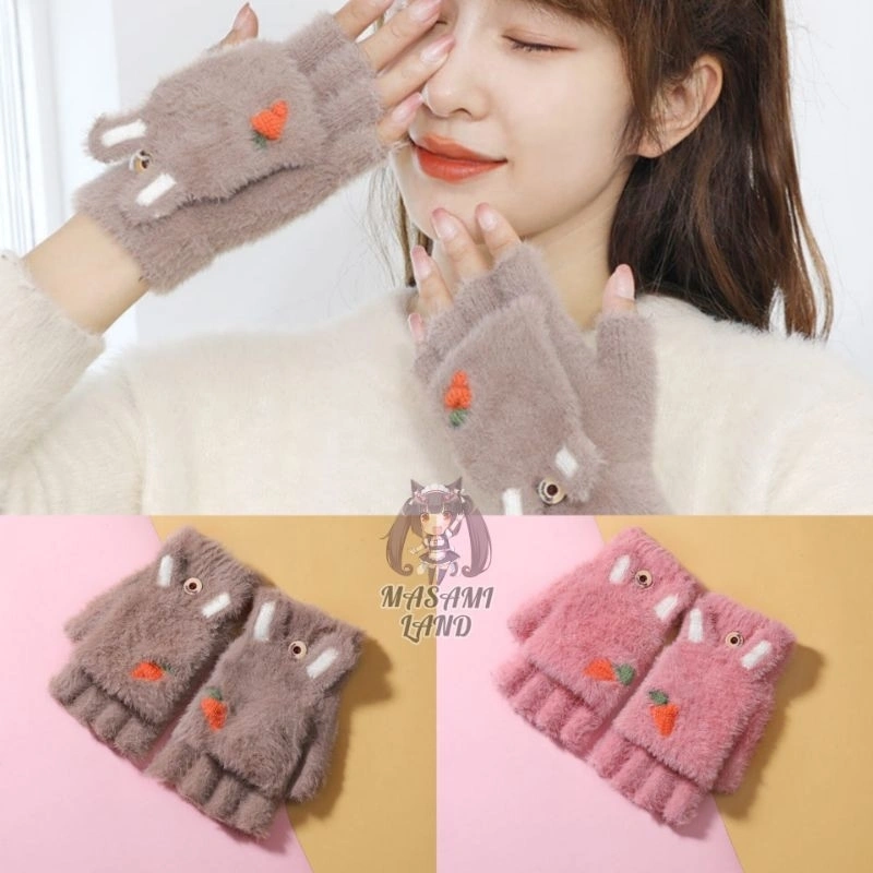Sarung Tangan Wanita 2 in 1 / Sarung Tangan Motor / Sarung Tangan Musim Dingin Korea Wanita / Half Finger Winter Gloves / Korean Gloves Bulu Halus tebal