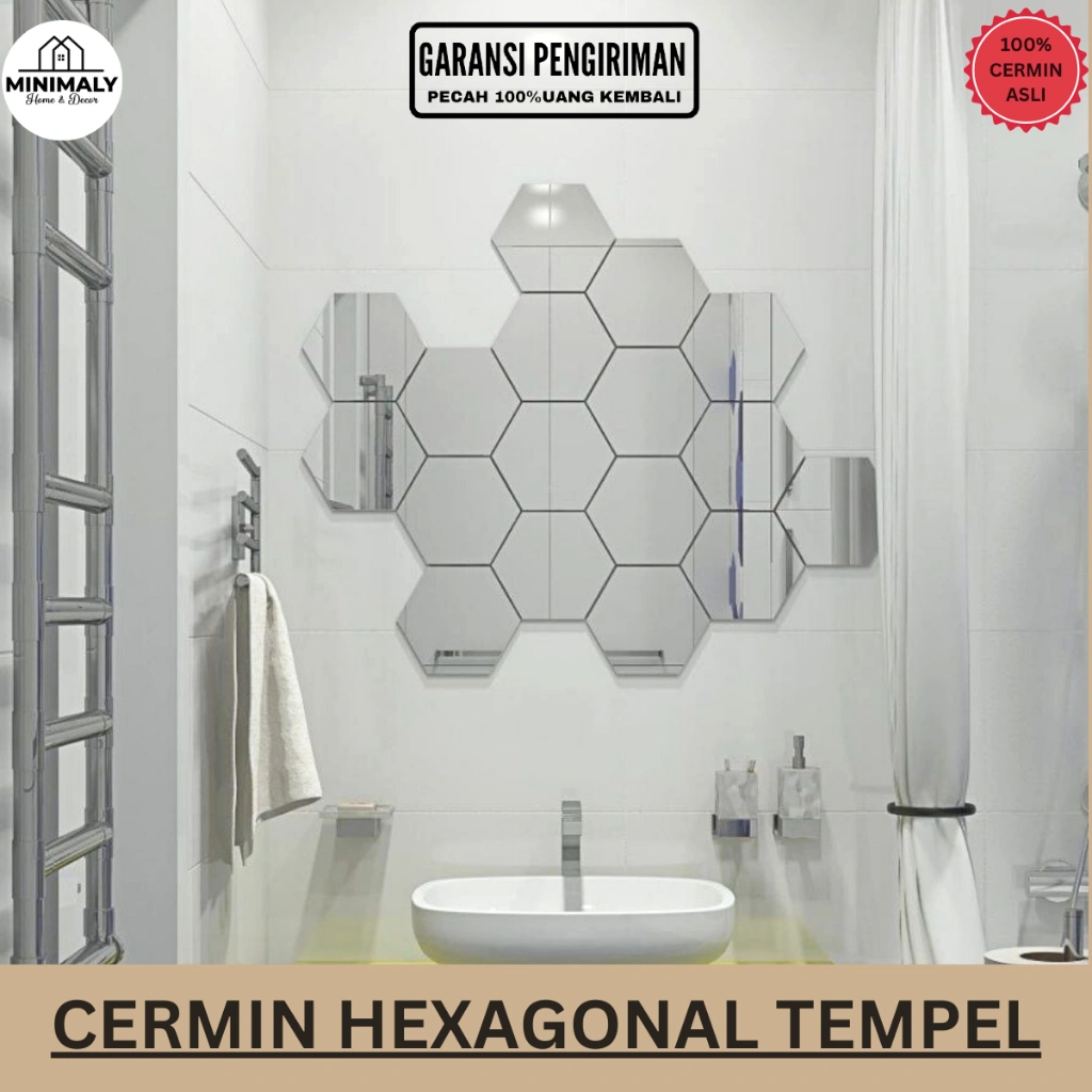 MINIMALY Cermin Hexagonal (cermin asli ukuran 16x14) Cermin aesthetic Kaca Cermin Dinding Cermin tempel