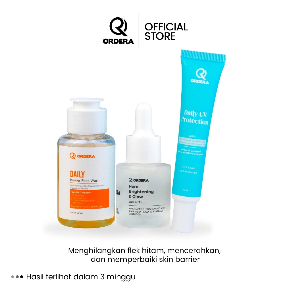 Paket Brightening & Glowing ORDERA ( Facewash, Serum & Sunscreen ) Mencerahkan Dan Menghilangkan Noda Hitam, Melawan Jerawat,  Hingga Memperkuat Skin Barrier Dalam 14 Hari