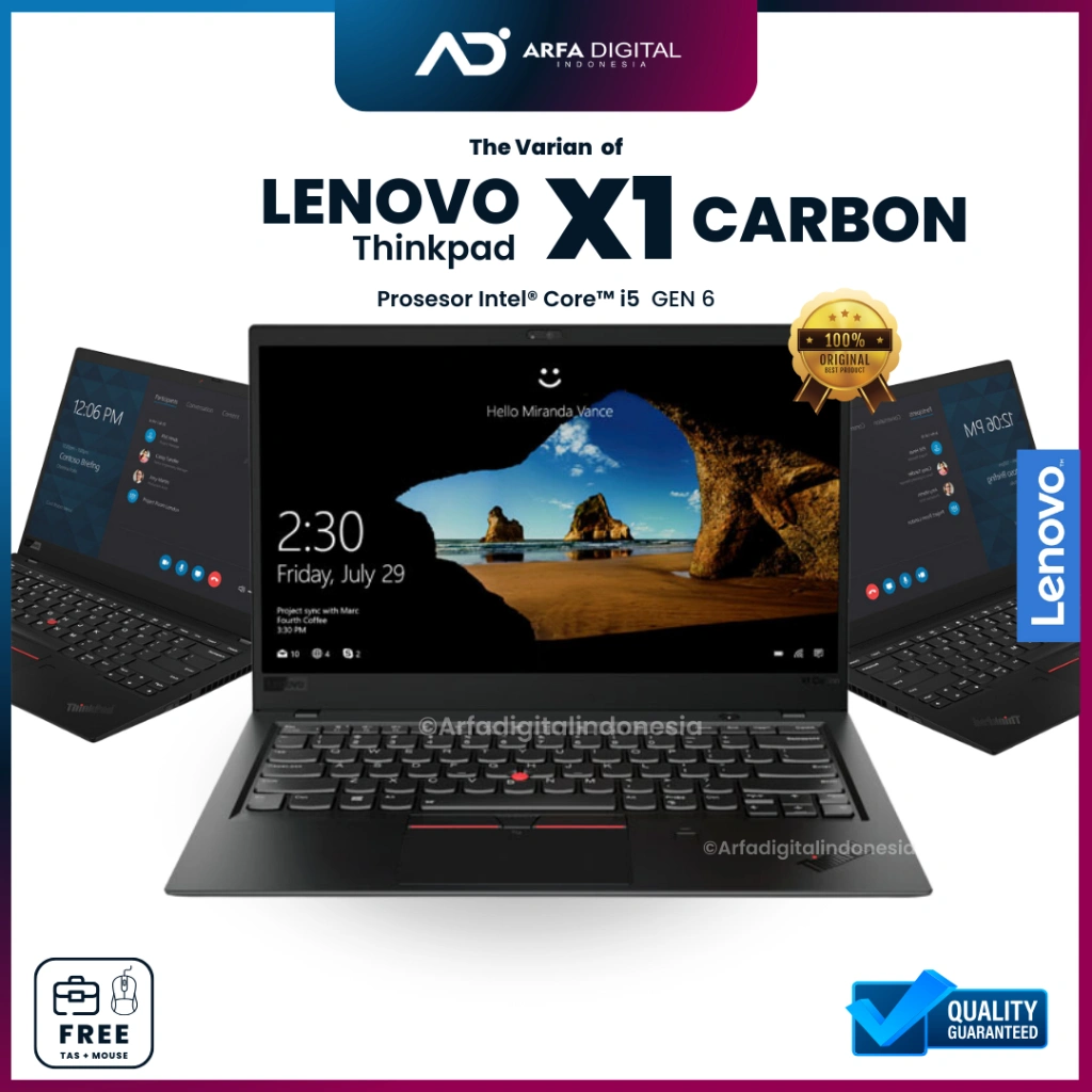 Laptop Lenovo Thinkpad X1 Carbon Core i5 Gen 6/7/8 RAM 16GB SSD 256GB Layar Full HD Original Siap Pakai Bergaransi