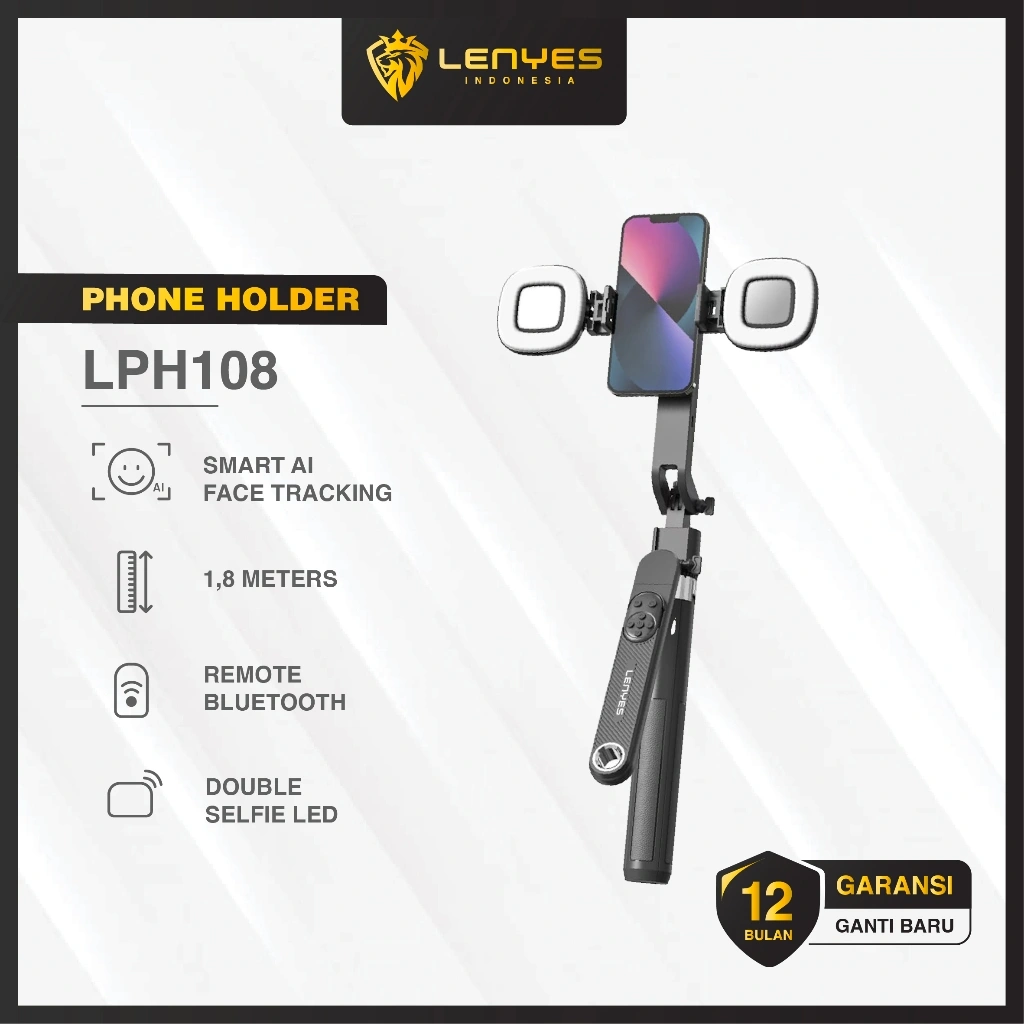 LENYES LPH108 Tripod AI Face Tracking Gimbal Selfie Stick Tongsis Kamera HP With Remote Bluetooth Lampu LED Monopod Portable